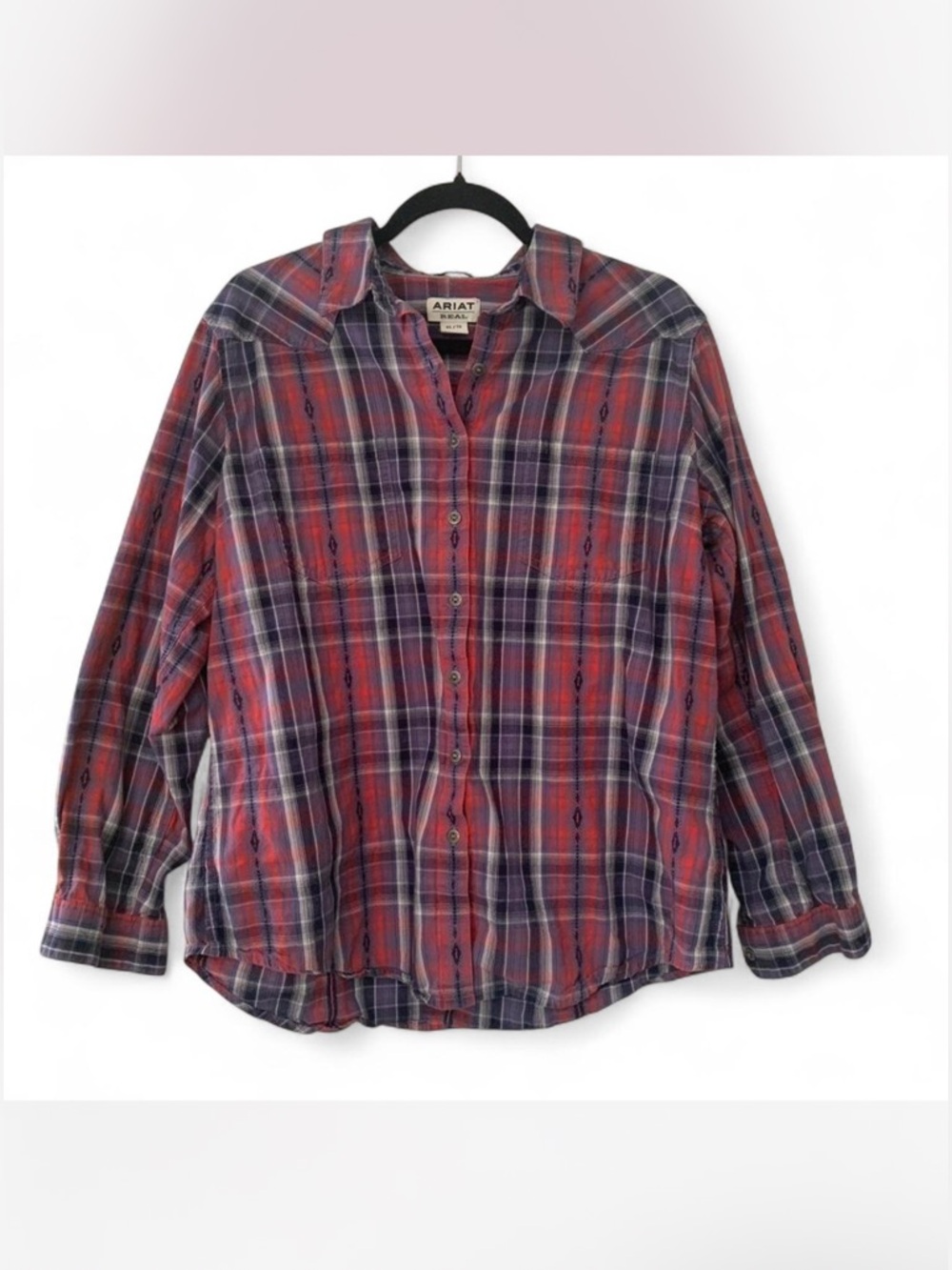 Western Cowgirl Ariat Red and Purple Plaid Button-Down Shirt size XL